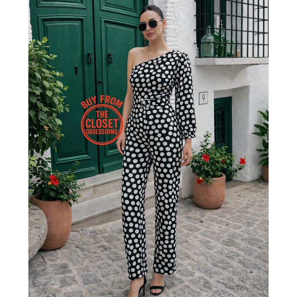 Mango NWT Black White Polka Dot One Shoulder Jumpsuit M L XL